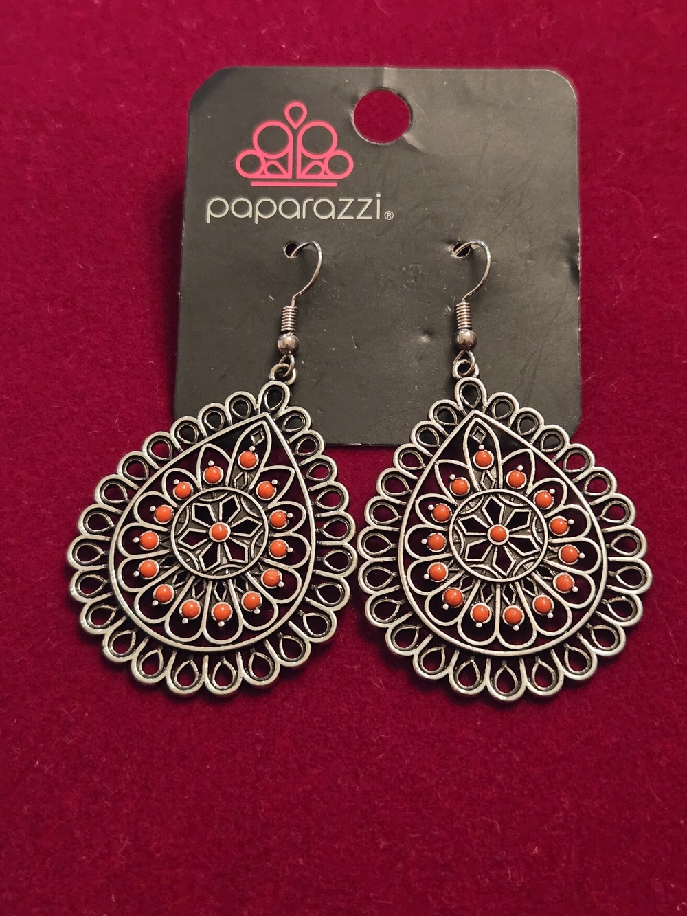 Paparazzi Filigree Teardrop Earrings - Antique Silver with Orange Accents